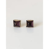 Silver steed square coloured stud earrings with deep purple gemstones set in sterling silver frame