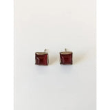 Silver steed square coloured stud earrings with deep red gemstones set in sterling silver frames