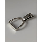 Silver steed stirrup keychain with polished metallic finish and buckle attachment featuring a silver pendant design