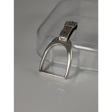 Silver steed stirrup pendant with silver horsebit-style metal stirrup and black leather strap for a unique silver pendant look