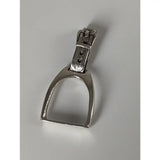 Silver steed stirrup silver pendant showing a silver metal horse stirrup with a buckle at the top