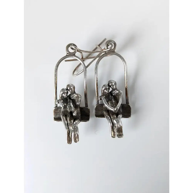 Silver steed swing silver earrings with couple dropped earrings featuring swing seat loved up sculpted figures