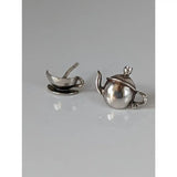 Silver steed tea set stud earrings shaped like teapots with polished silver finish and detailed craftsmanship