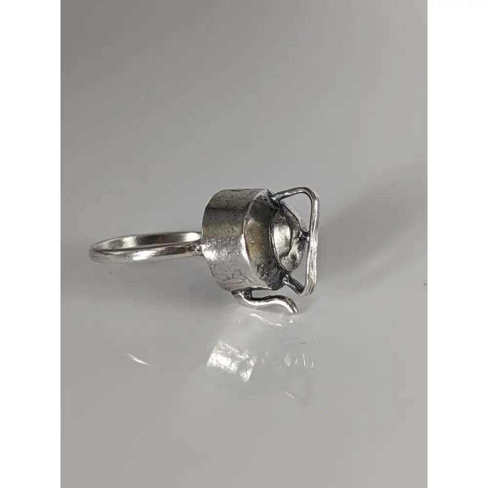 Silver steed teapot silver ring with a detailed textured beetle design in silver-toned metal and subtle patina