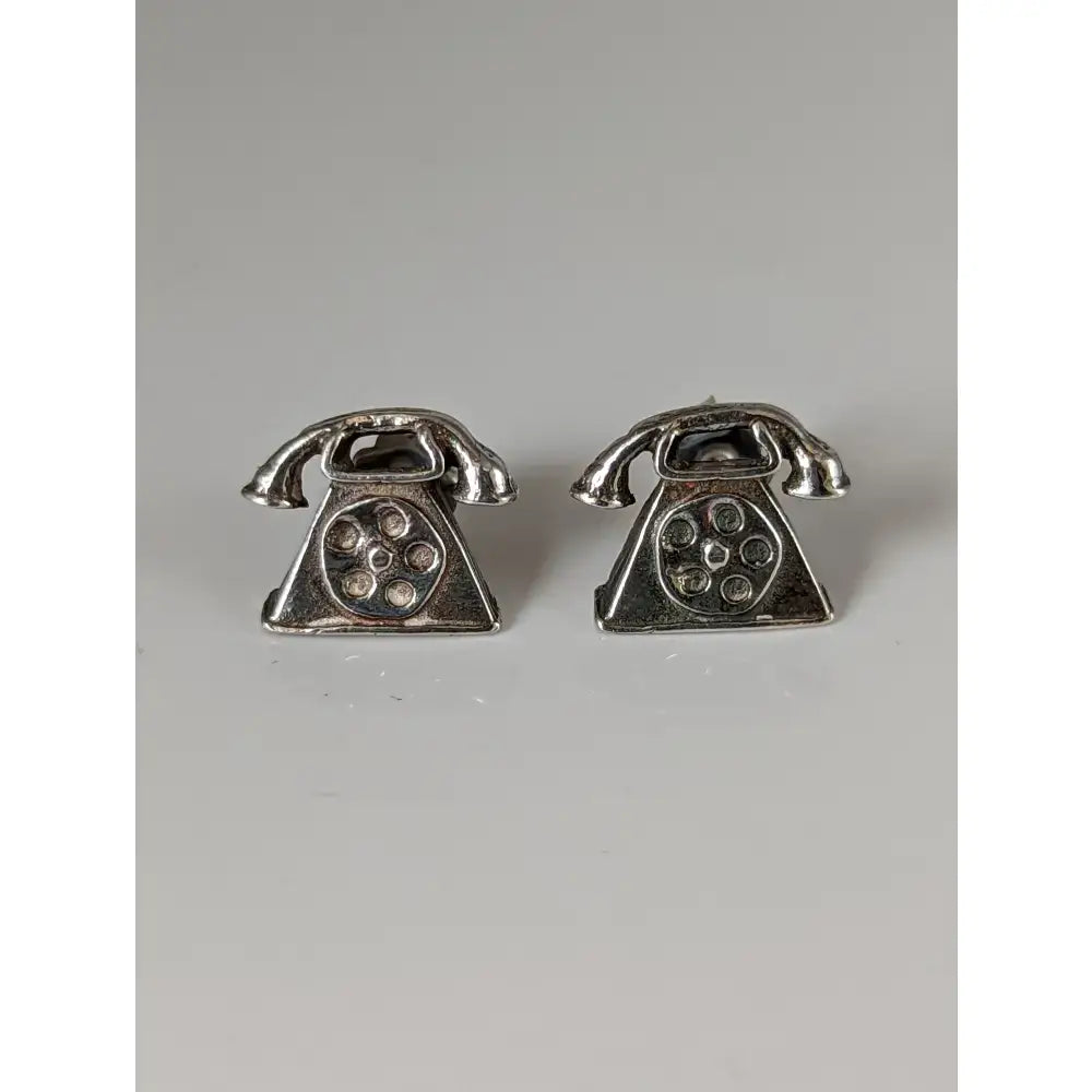 Silver steed telephone stud earrings silver-toned miniature vintage rotary telephone shape polished metallic finish equestrian jewelry