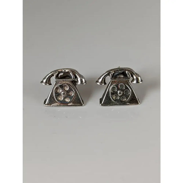 Silver steed telephone stud earrings silver-toned miniature vintage rotary telephone shape polished metallic finish equestrian jewelry
