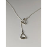 Silver steed thread necklace with delicate silver chain and double stirrups charm for a stylish stirrup silver necklace look