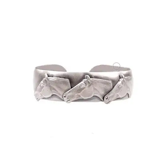 Silver steed three horses heads bangle silver-toned metal cuff bracelet with three intricately sculpted horse heads