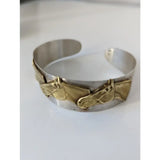 Silver steed three horses heads bangle featuring silver cuff with 3d gold horses heads charms