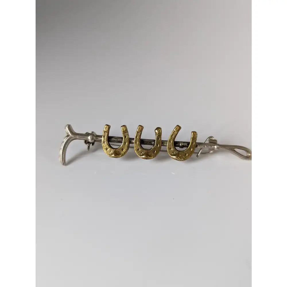 Silver steed triple silver and gold horseshoe cane brooch with polished metallic finish stock tie pin