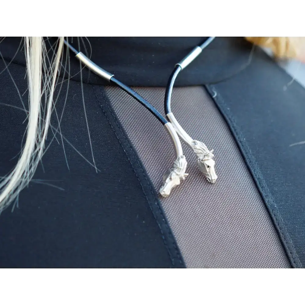 Silver Steed Two Horse Heads with Leather Cord Necklace Black Necklaces