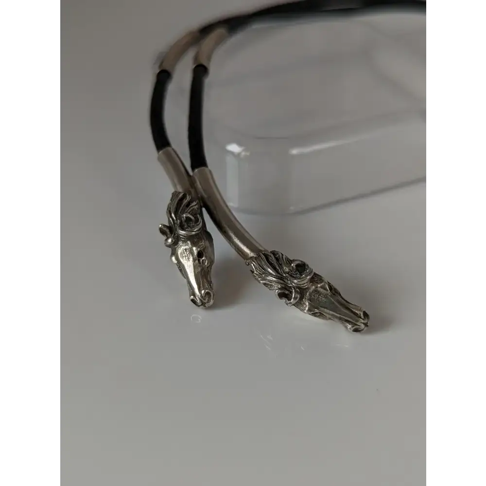 Silver Steed Two Horse Heads with Leather Cord Necklace Black Necklaces