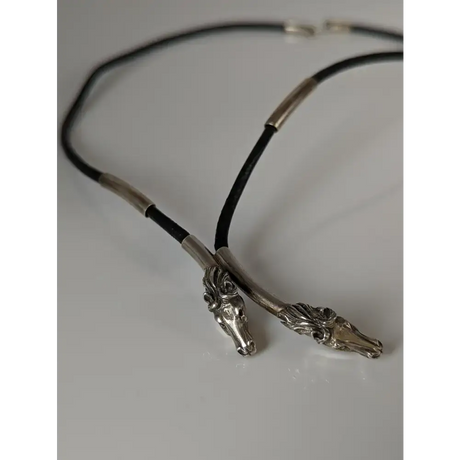 Silver Steed Two Horse Heads with Leather Cord Necklace Black Necklaces