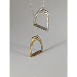 Silver steed equestrian jewelry two stirrups necklace in silver and gold with polished metallic finish