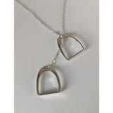 Silver steed two stirrups necklace with silver horsebit pendant and two minimalist horseshoe charms stirrups necklace