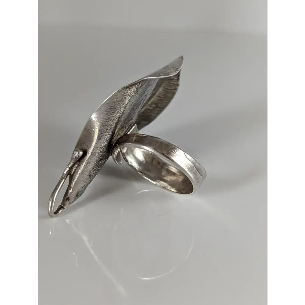 Silver steed unique silver dolphin-shaped steed leaf ring with textured surface and polished band in extravagant leaf rings style