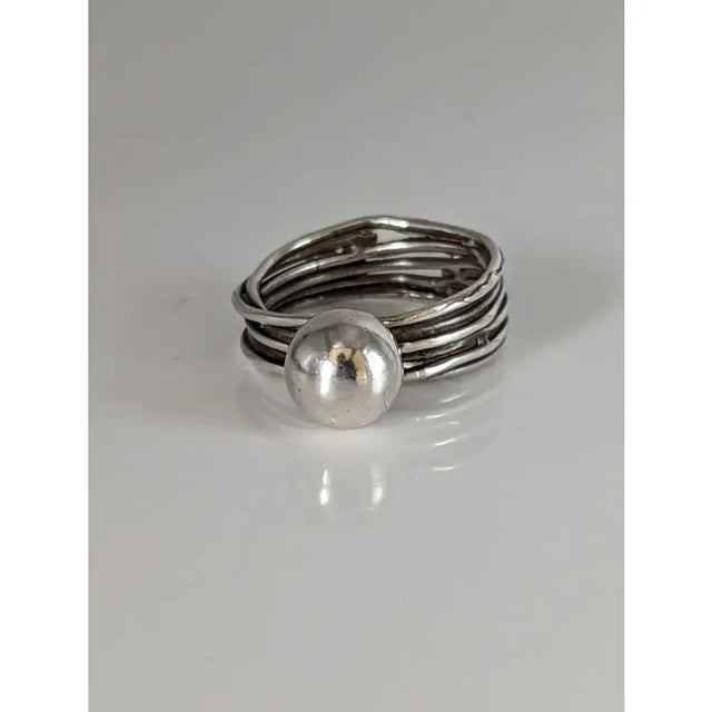Silver steed hand-made silver ring with a wired band and large polished silver ball centerpiece