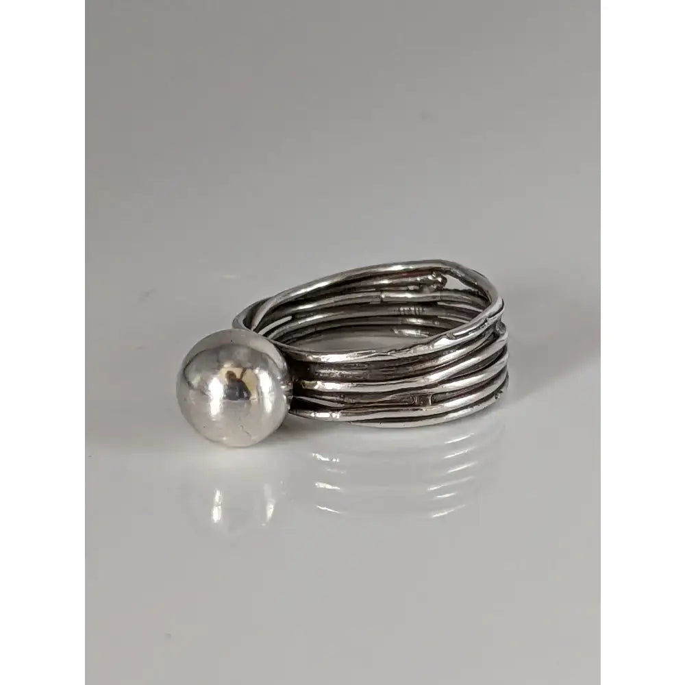 Silver steed hand-made silver ring with textured wired band and large polished silver ball accent
