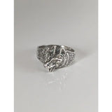 Silver steed wolf silver ring with silver fox head and intricate detailing on textured band wolf silver ring