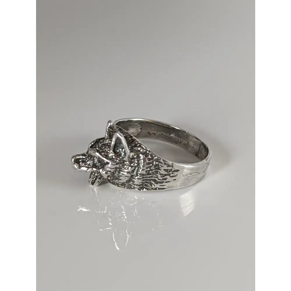Silver steed wolf silver ring featuring a detailed fur texture and polished metallic finish on a wolf silver ring design