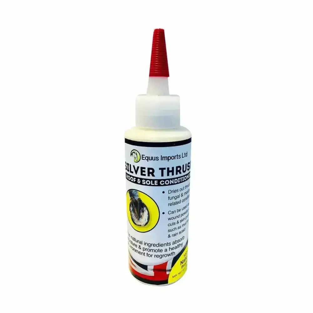 A white plastic bottle with red nozzle cap of silver thrush hoof and sole conditioner by equus imports ltd with natural clays based anti bacterial agent kills bacteria