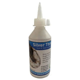 White plastic bottle with pointed nozzle and blue label for silver thrush hoof natural clays based conditioner with anti bacterial agent kills