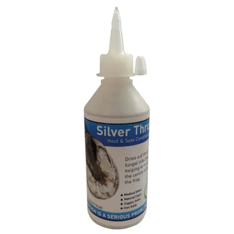 White plastic bottle with pointed nozzle and blue label for silver thrush hoof natural clays based conditioner with anti bacterial agent kills