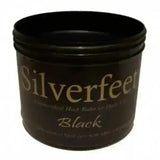Black cylindrical silverfeet hoof balm container with silverfeet branding and matte finish for equine hoof microbes care