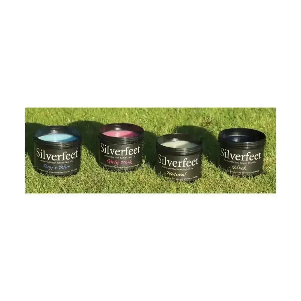 Four silverfeet hoof balm containers in boy’s blue, girly pink, natural, and black for equine hoof microbes care