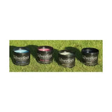 Four silverfeet hoof balm containers in boy’s blue, girly pink, natural, and black for equine hoof microbes care
