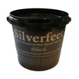 Black silverfeet hoof balm in a sturdy plastic bucket with silver lettering to treat white line disease and hoof microbes