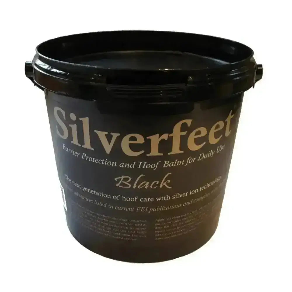 Black silverfeet hoof balm in a sturdy plastic bucket with silver lettering to treat white line disease and hoof microbes