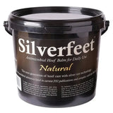 Black plastic bucket of silverfeet hoof balm with antimicrobial hoof balm for daily use to combat white line disease and microbes