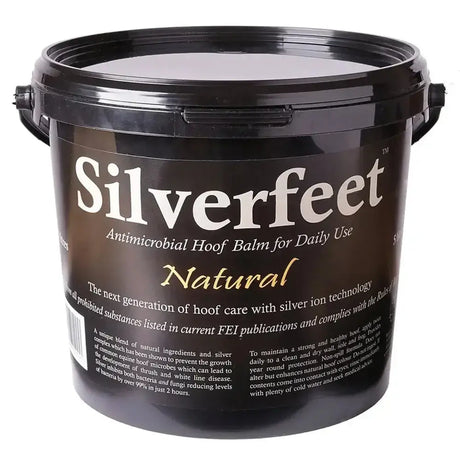 Black plastic bucket of silverfeet hoof balm with antimicrobial hoof balm for daily use to combat white line disease and microbes