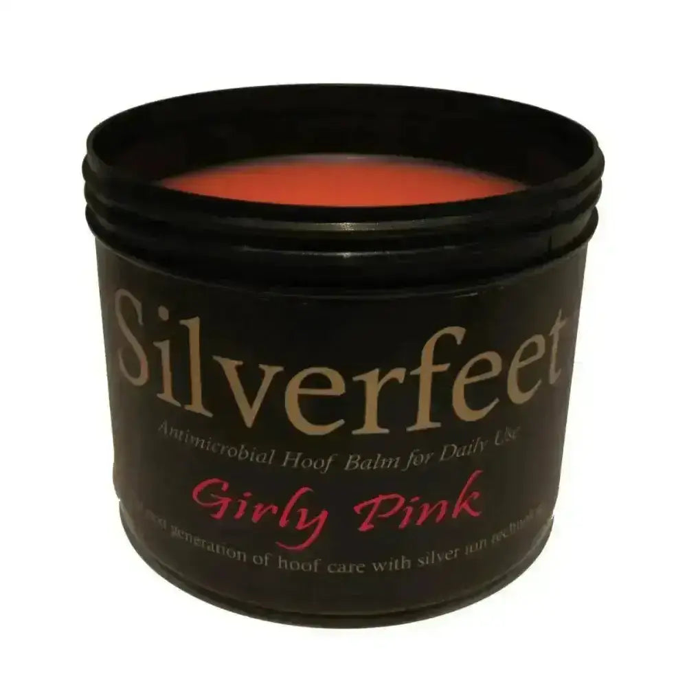 Silverfeet hoof balm in a black jar with pink antimicrobial balm for white line disease and equine hoof microbes care