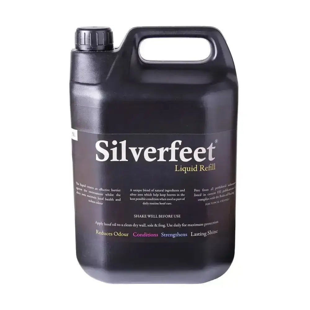 Black plastic jug with handle and screw cap labeled silverfeet liquid hoof dressings for horse care refill