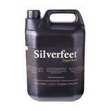 Black plastic jug with handle and screw cap labeled silverfeet liquid hoof dressings for horse care refill
