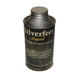 Silverfeet liquid hoof dressings in a dark green metal tin with a silver screw-top lid for horse care use