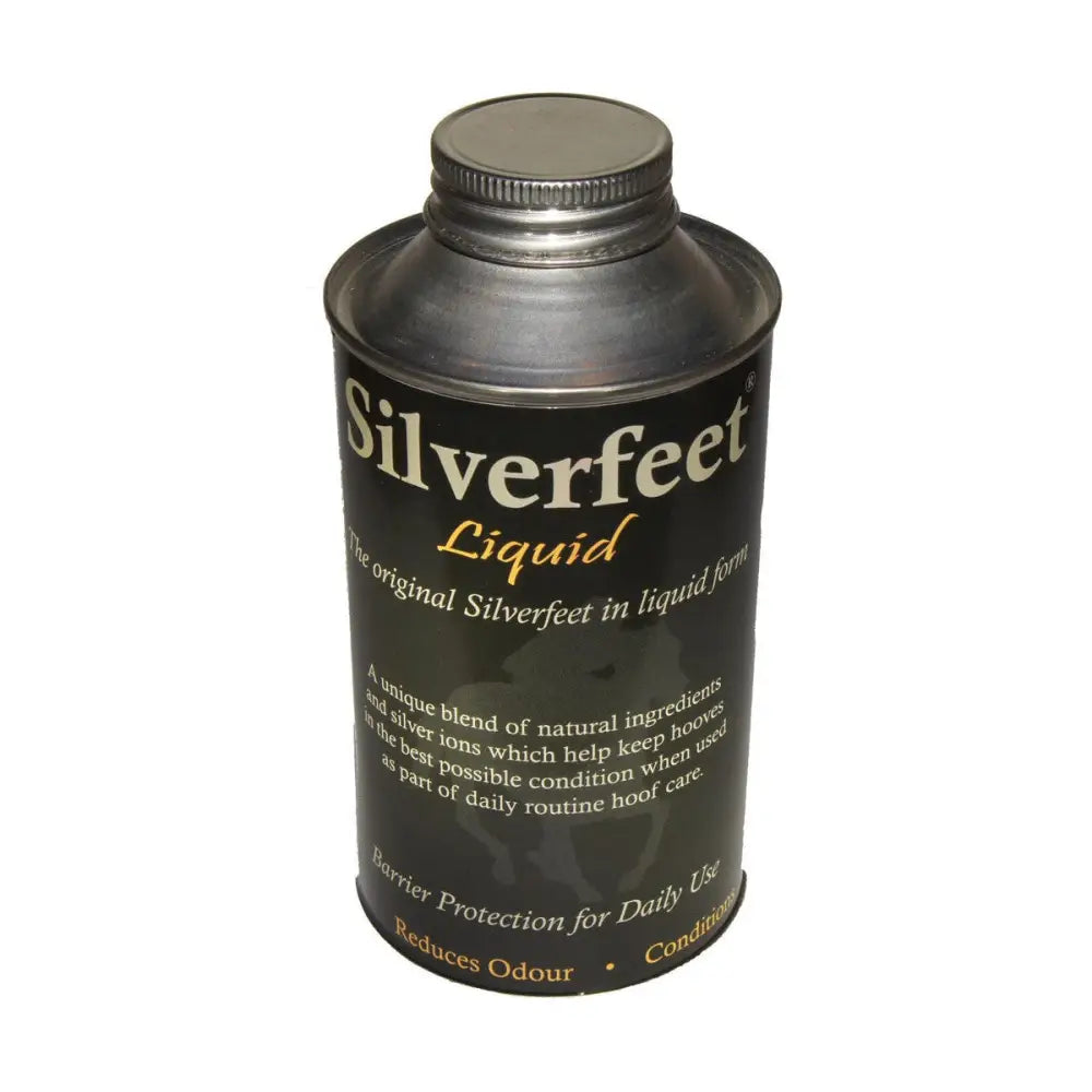 Silverfeet liquid hoof dressings in a dark green tin with a silver lid for effective horse care