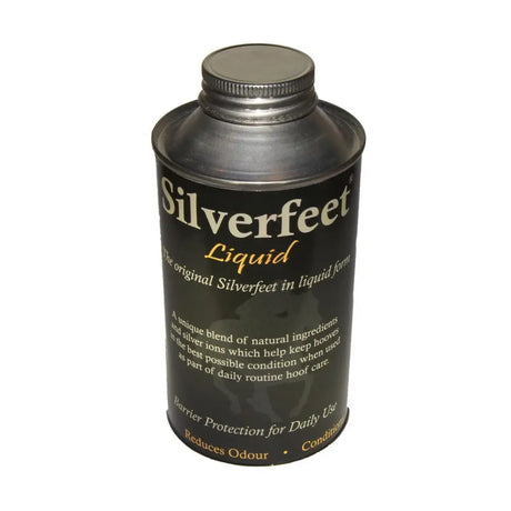 Silverfeet liquid hoof dressings in a dark green tin with a silver lid for effective horse care
