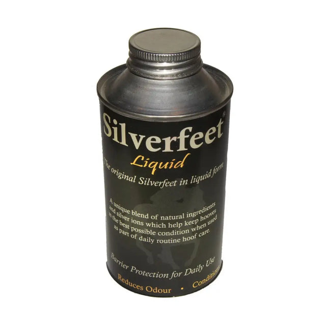 Silverfeet liquid hoof dressings in a dark green tin with a silver lid for effective horse care