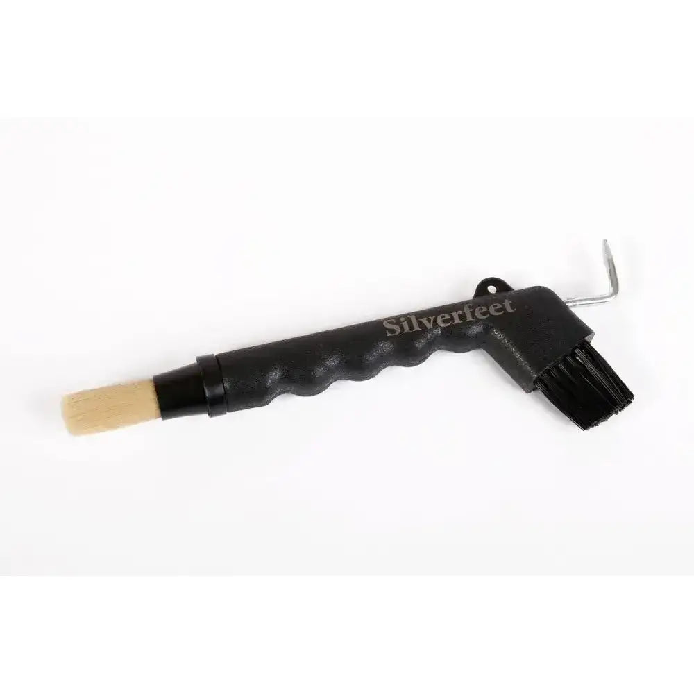 Black silverfeet quick pick shoe brush with textured grip, dual-ended bristle head and sponge tip for horse grooming