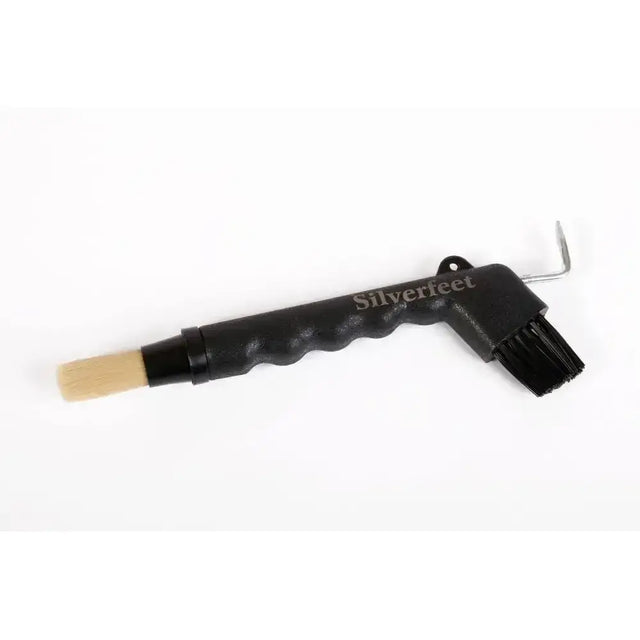 Black silverfeet quick pick shoe brush with textured grip, dual-ended bristle head and sponge tip for horse grooming