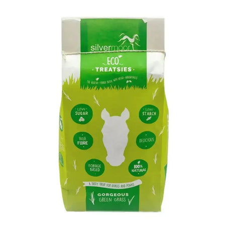 A lime green bag of silvermoor eco treatsies for horses with recyclable paper packaging highlighting low sugar and high fibre