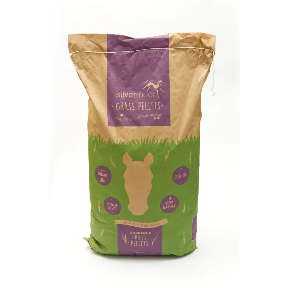 A brown and green bag of silvermoor grass pellets with purple label featuring horse silhouette containing pure dried grass