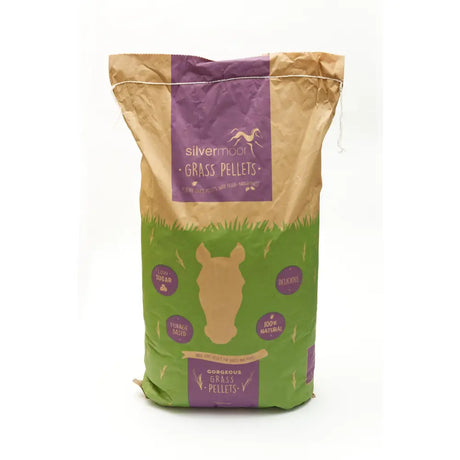 A brown and green bag of silvermoor grass pellets with purple label featuring horse silhouette containing pure dried grass