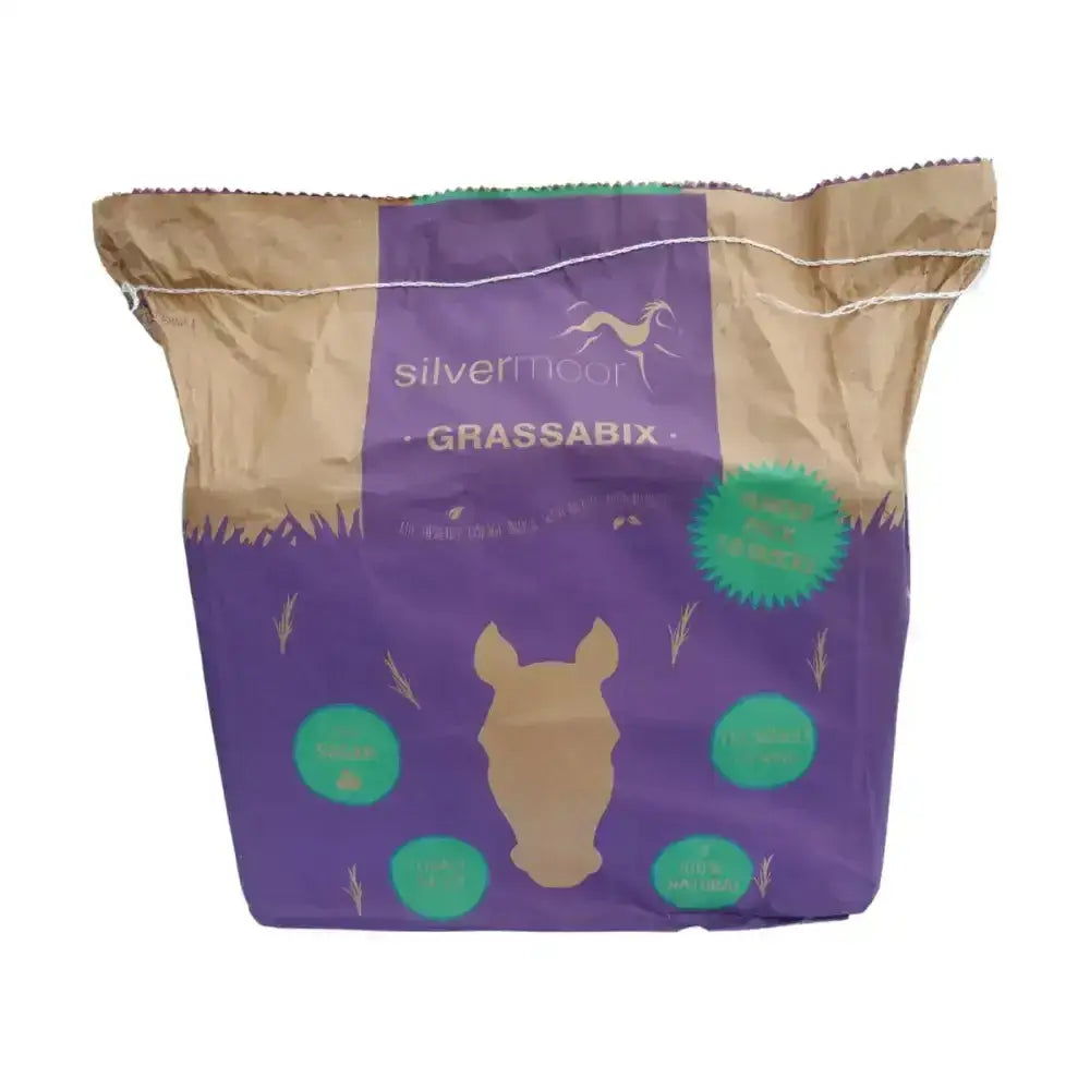 Purple and brown paper bag with silver horse logo and green accents for silvermoor grassabix dried grass forage bumper pack