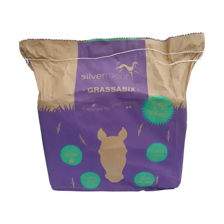 Purple and brown paper bag with silver horse logo and green accents for silvermoor grassabix dried grass forage bumper pack