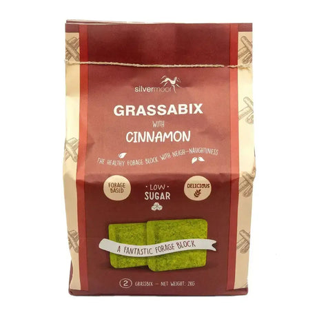 Red and beige packaged silvermoor grassabix forage blocks with cinnamon for equestrian horses feeding