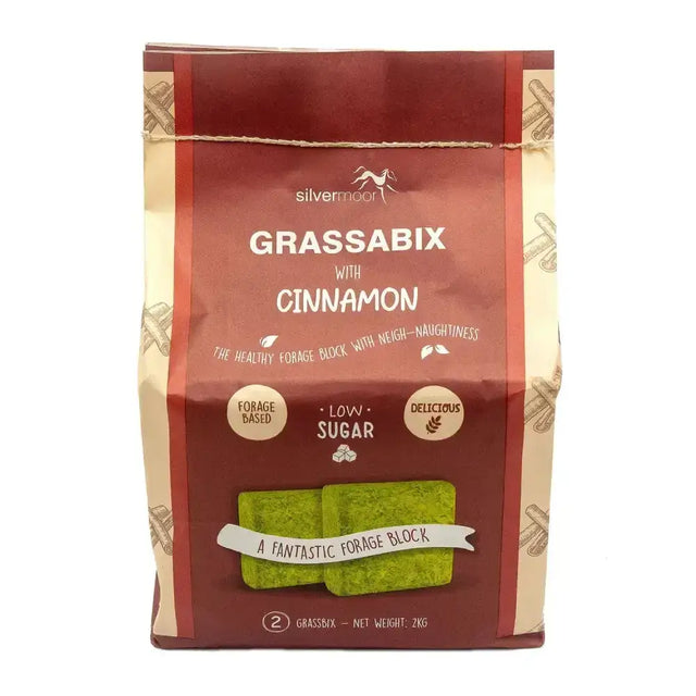 Red and beige packaged silvermoor grassabix forage blocks with cinnamon for equestrian horses feeding